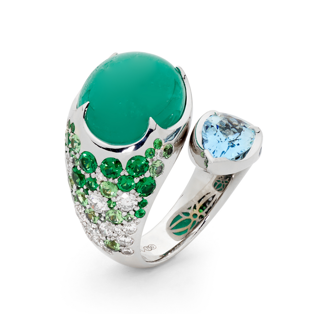 18ct White Gold, Emerald Cabochon & Aquamarine Ring Handcrafted by Matthew Ely Jewellery