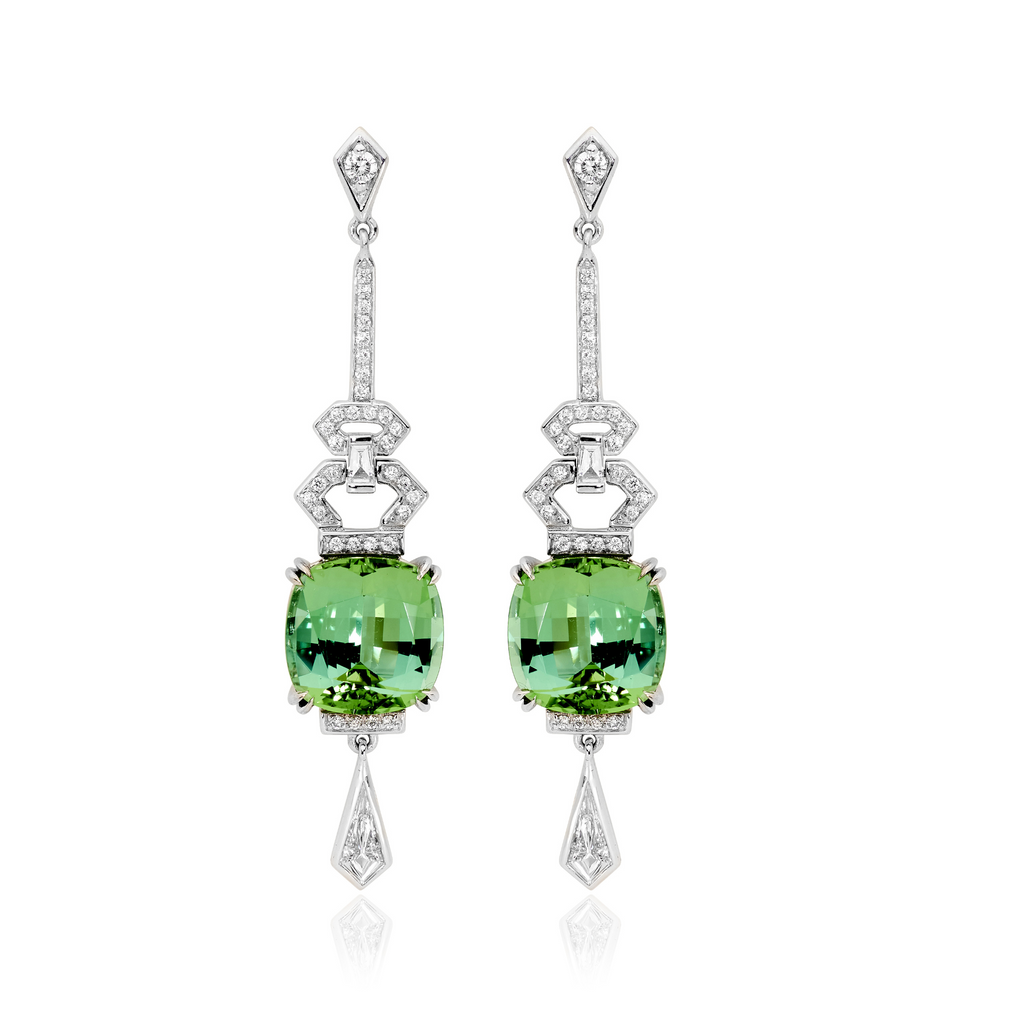 18ct White Gold, Green Tourmaline & Diamond Earrings by Matthew Ely Jewellery