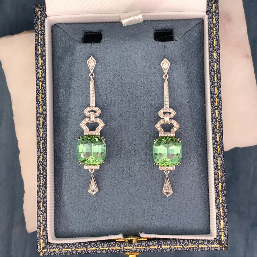 18ct White Gold, Green Tourmaline & Diamond Earrings by Matthew Ely Jewellery