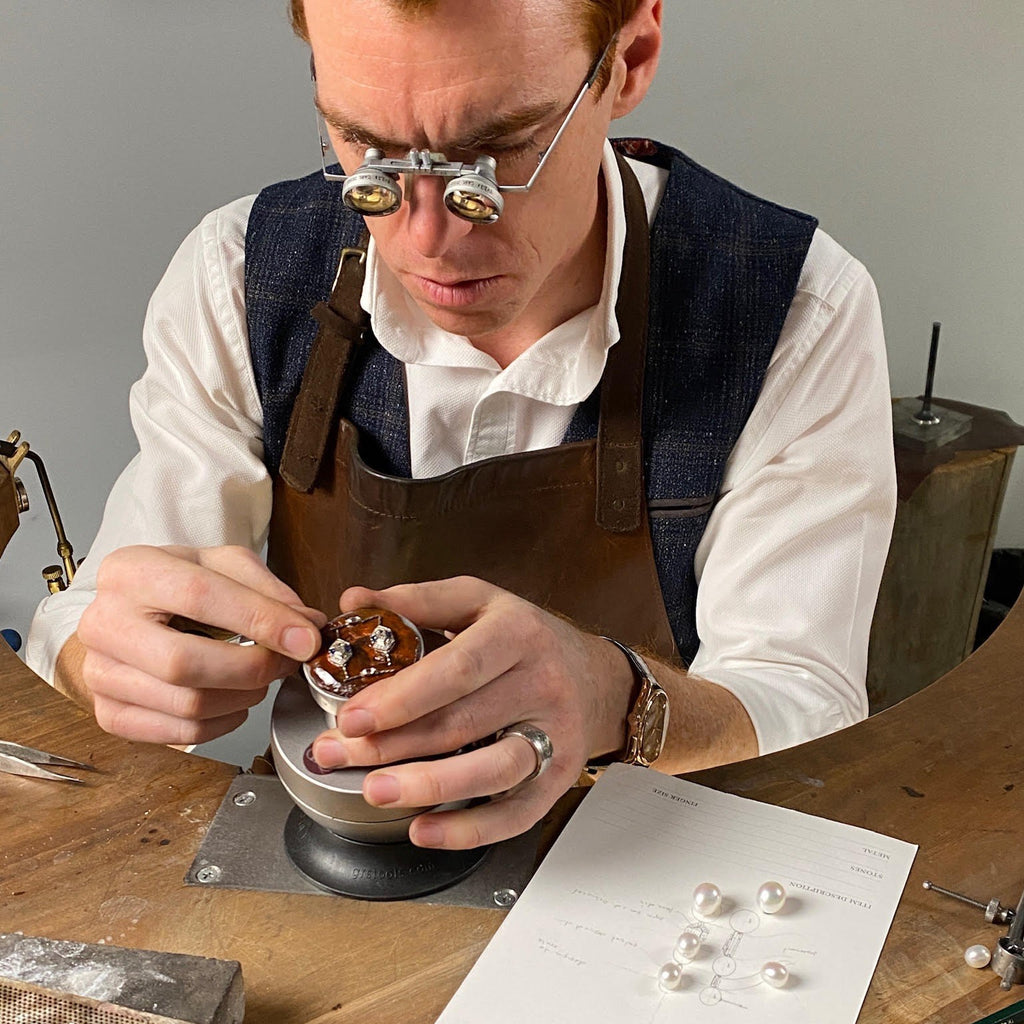 Handcrafting of 18ct White Gold, Pearl, Sapphire & Diamond Drop Earrings by Matthew Ely Jewellery