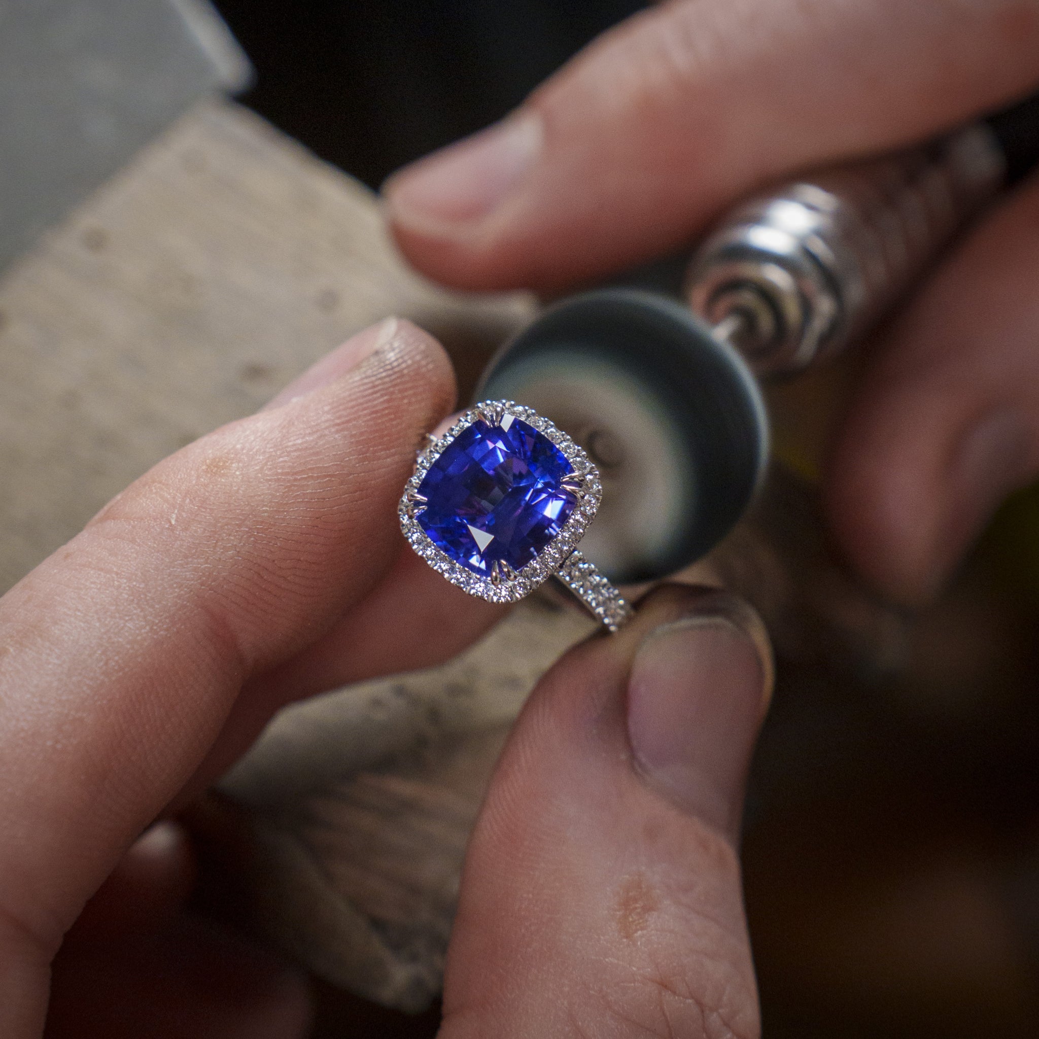 Tanzanite Diamond Halo Ring Matthew Ely Jewellery
