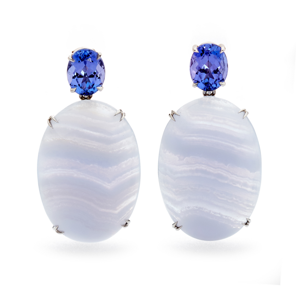 18ct White Gold, Tanzanite & Lace Agate Earrings by Matthew Ely