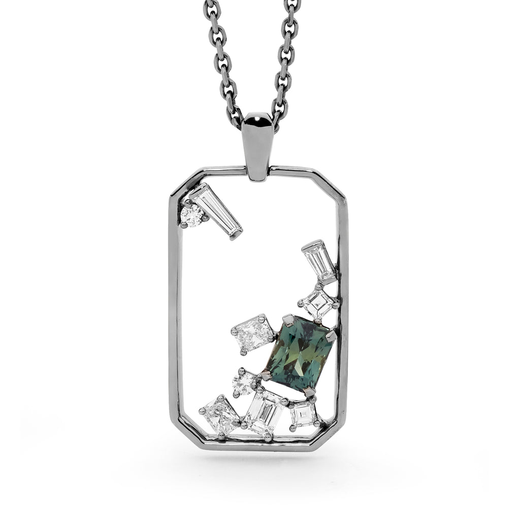 18ct White Gold, Teal Sapphire & Diamond Oblong Pendant