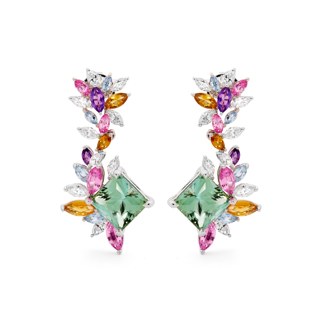 18ct White Gold, Tourmaline, Pink Sapphire & Aquamarine Earrings