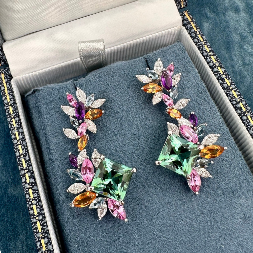 18ct White Gold, Tourmaline, Pink Sapphire & Aquamarine Earrings