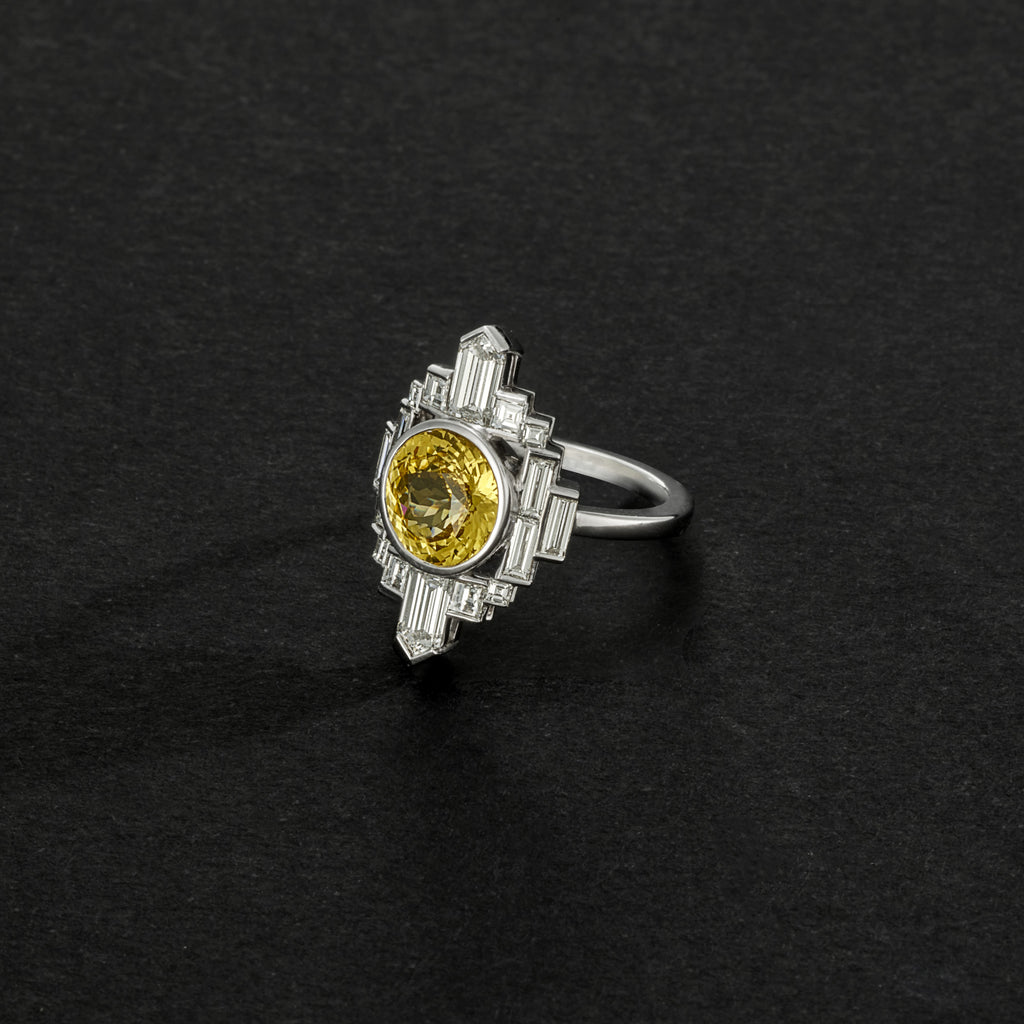 18ct White Gold, Yellow Sapphire & Diamond Ring