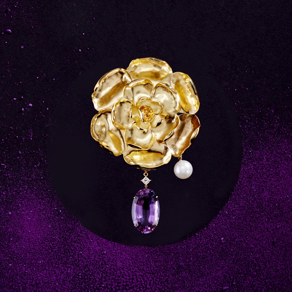 18ct Yellow Gold, Amethyst & South Sea Pearl Flower Brooch