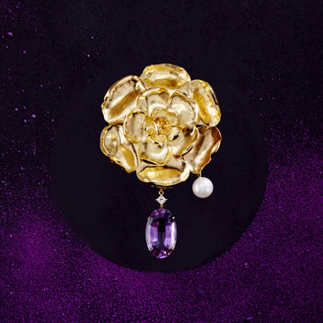 18ct Yellow Gold, Amethyst & South Sea Pearl Flower Brooch