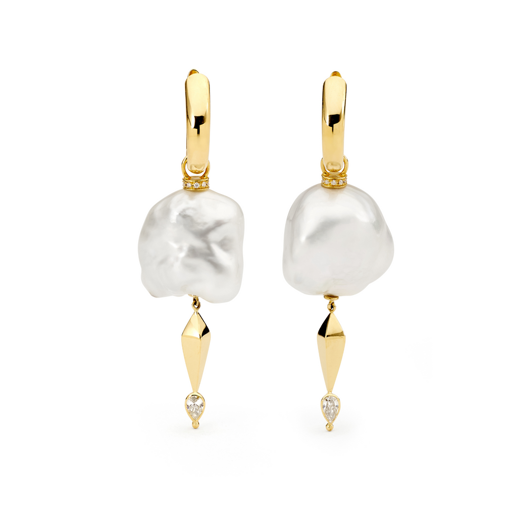 18ct Yellow Gold, Baroque Pearl & Diamond Earrings