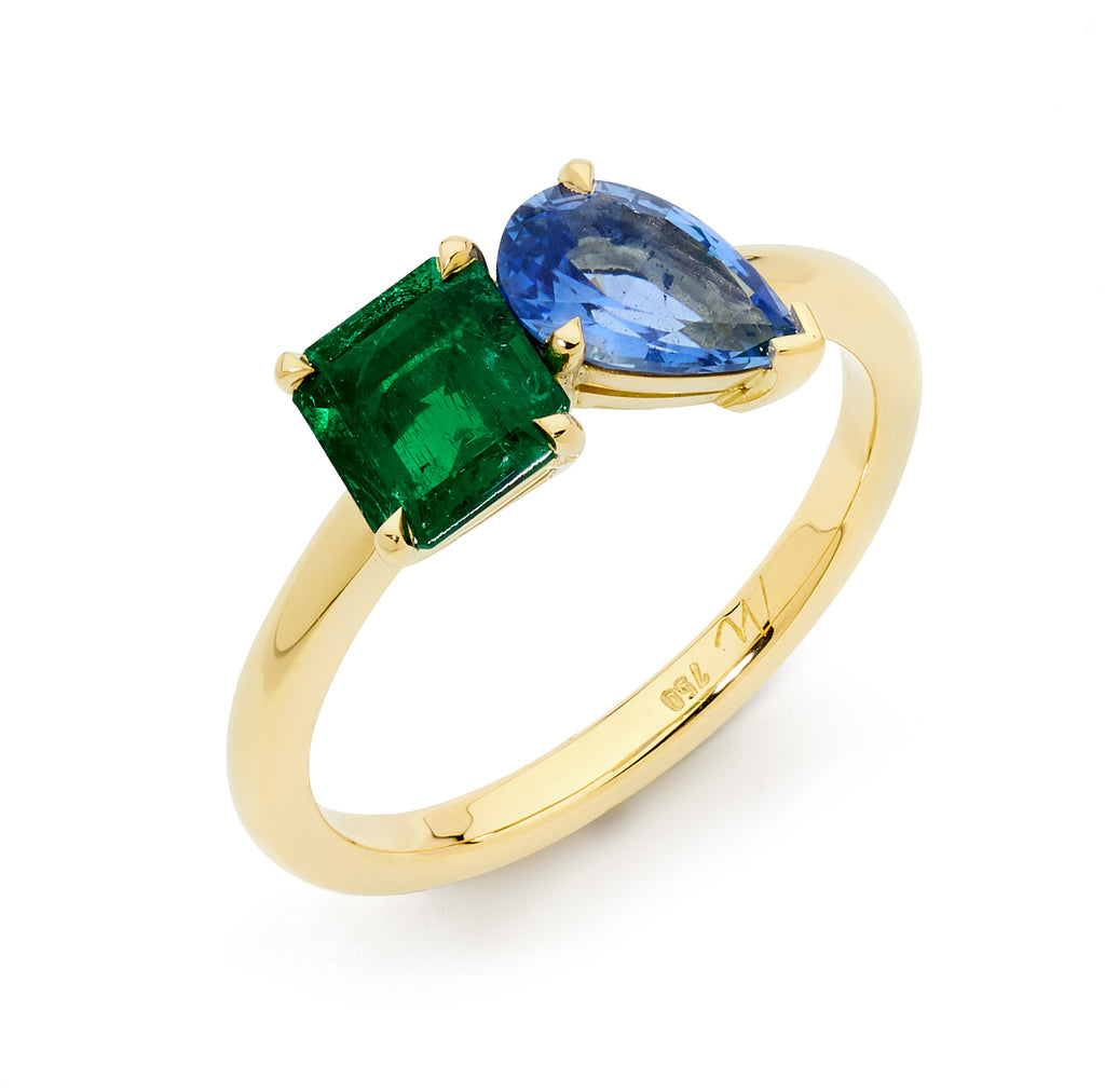 18ct Yellow Gold, Ceylon Sapphire & Emerald Ring