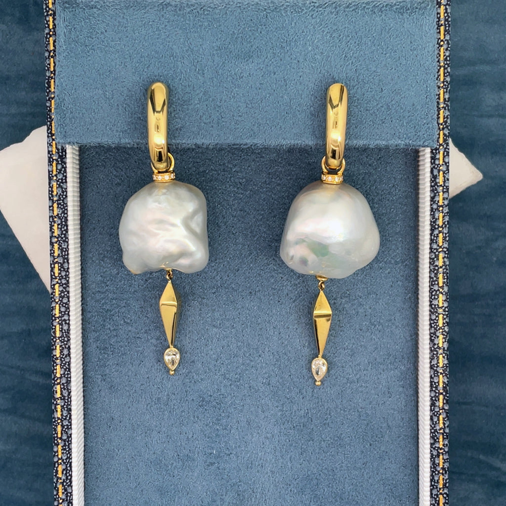 18ct Yellow Gold, Diamond & Baroque Pearl Earrings