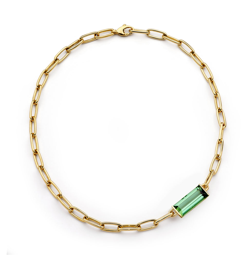 18ct Yellow Gold, Diamond & Green Tourmaline Necklace Handmade