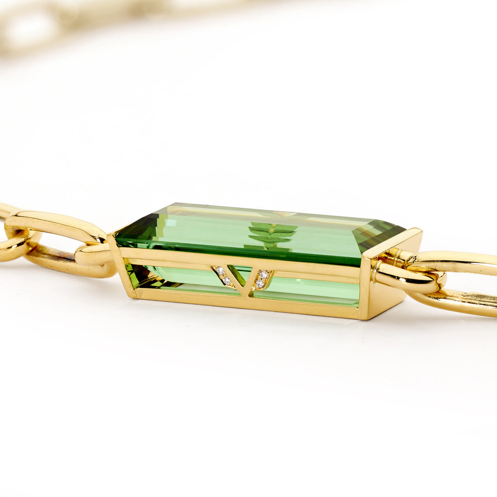 18ct Yellow Gold, Diamond & Green Tourmaline Necklace Handcrafted