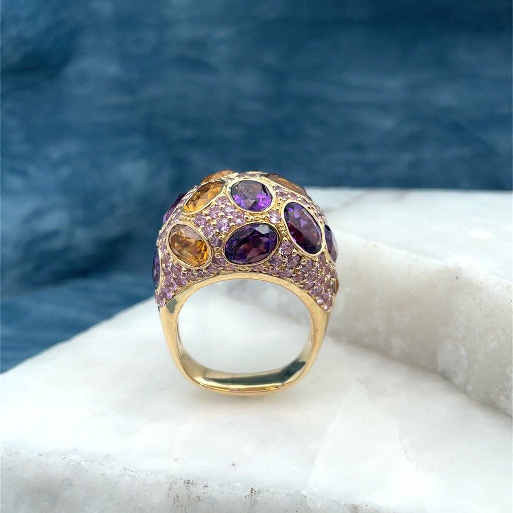 18ct Yellow Gold, Pink Sapphire, Amethyst & Citrine Ring