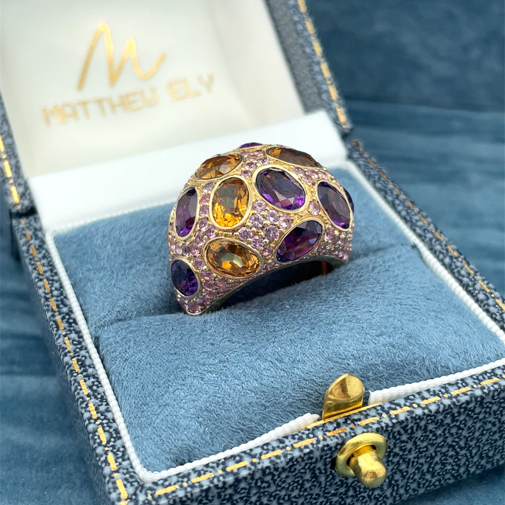 18ct Yellow Gold, Pink Sapphire, Amethyst & Citrine Ring
