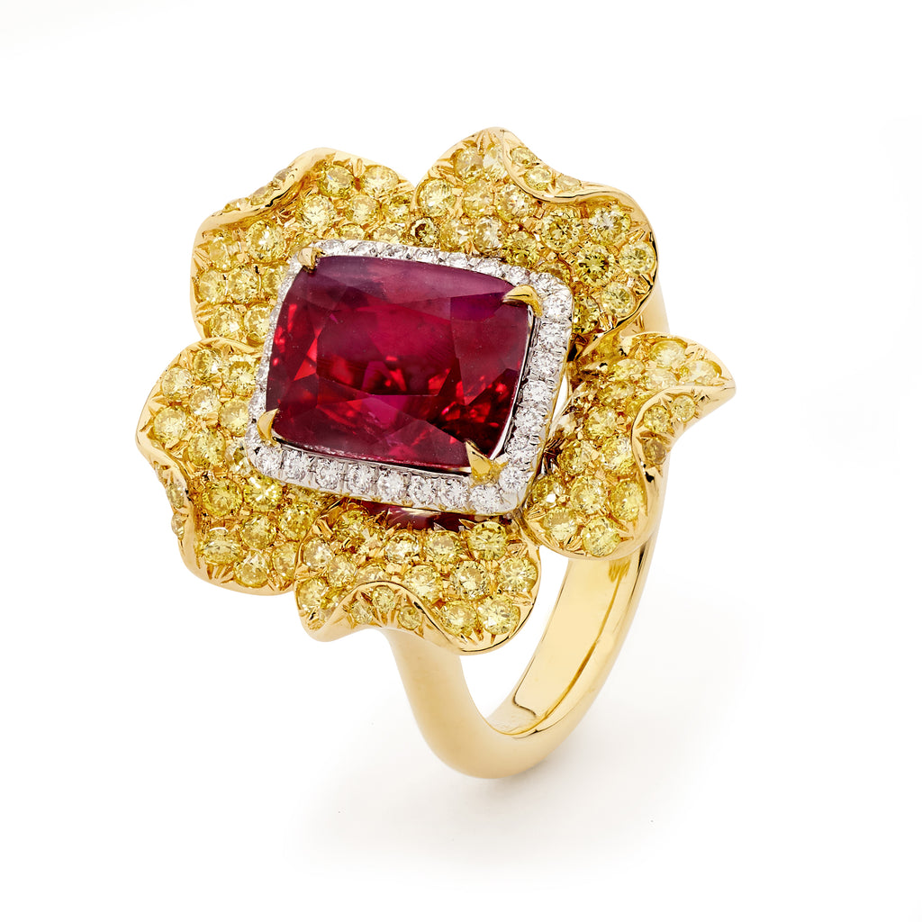 Handcrafted Ruby & Yellow Diamond Flower Ring Matthew Ely Jewellery
