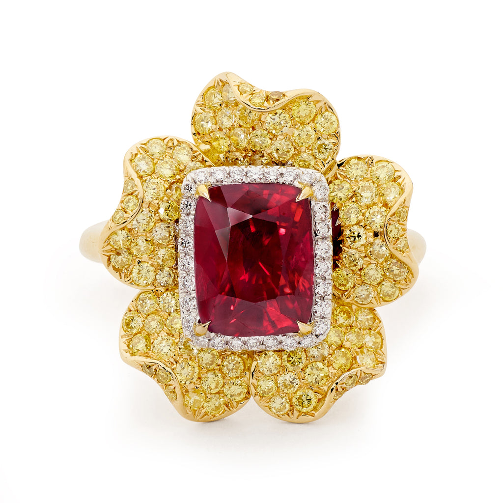 Handcrafted Ruby & Yellow Diamond Flower Ring Matthew Ely Jewellery