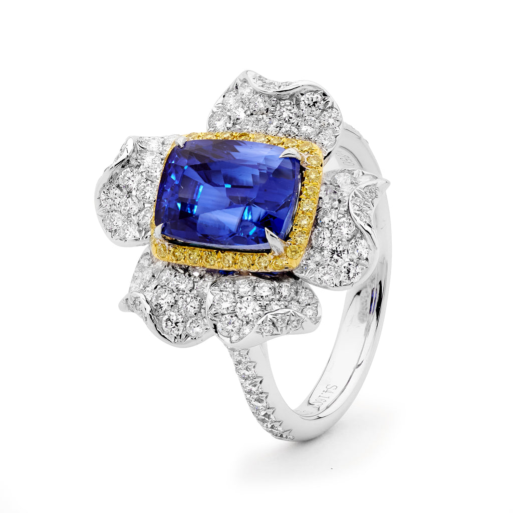 Sapphire & Diamond Flower Ring Matthew Ely Jewellery