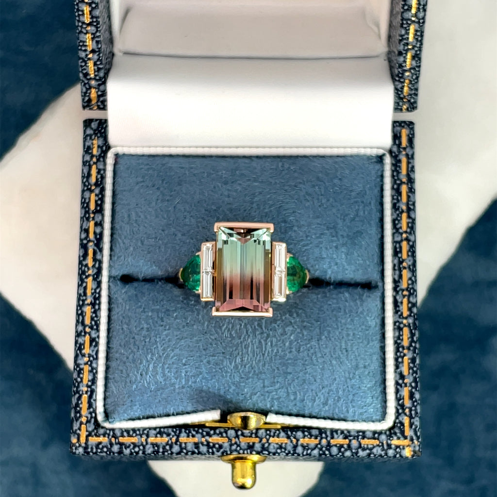 3.36ct Bi-colour Tourmaline, Emerald & Diamond Ring