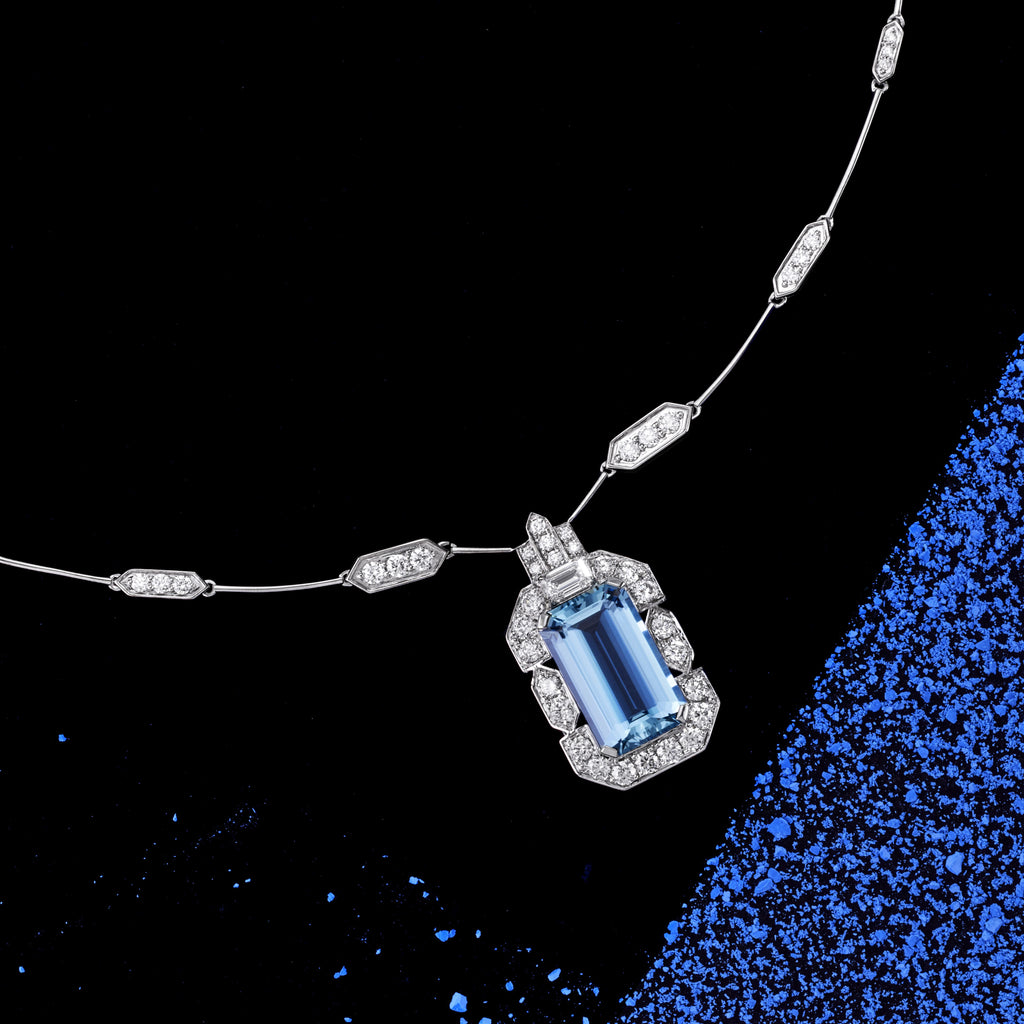 Custom Made Art Deco Aquamarine & Diamond Necklace 