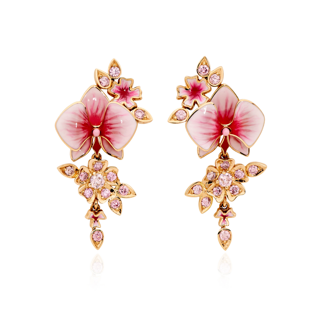 Argyle Pink Diamond & Enamel Orchid Flower Earrings by Matthew Ely Jewellery