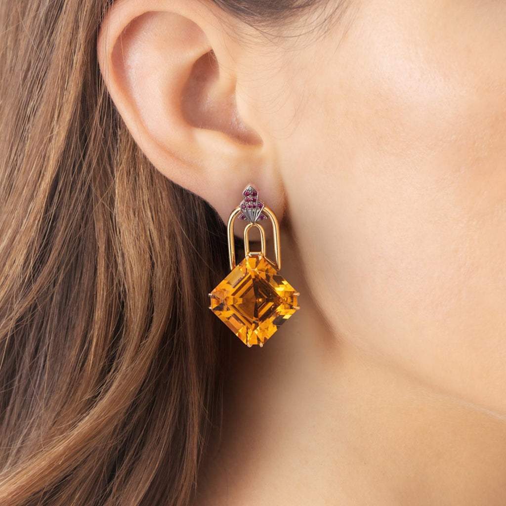 Art Deco Ruby, Diamond & Citrine Earrings by Matthew Ely Jewellery