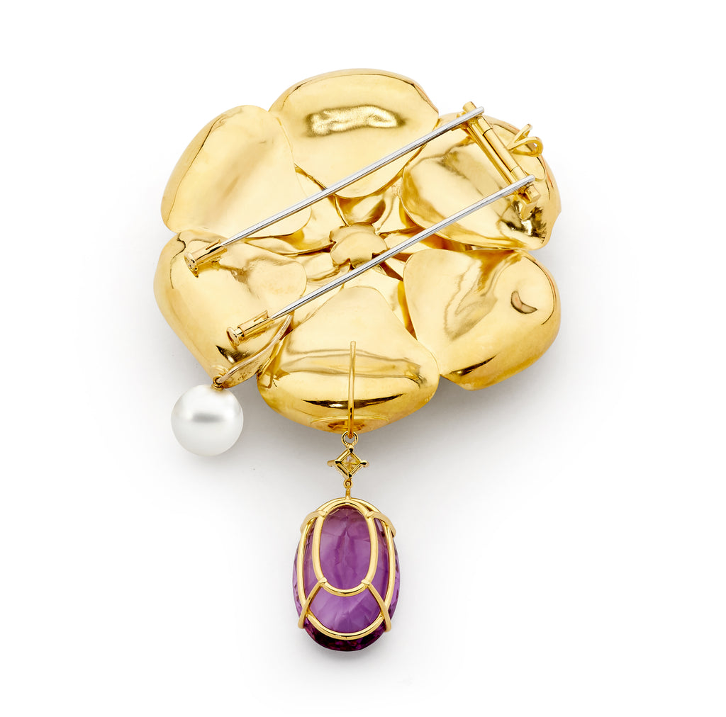 Back of Custom Made 18ct Yellow Gold, Amethyst & South Sea Pearl Flower Brooch by Matthew Ely