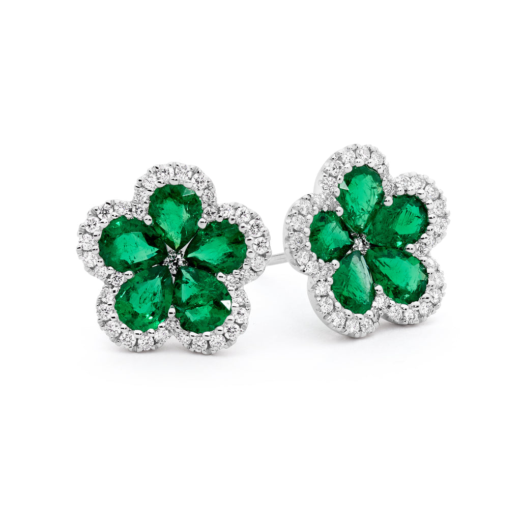 18ct White Gold, Emerald & Diamond Stud Earrings by Matthew Ely Jewellery