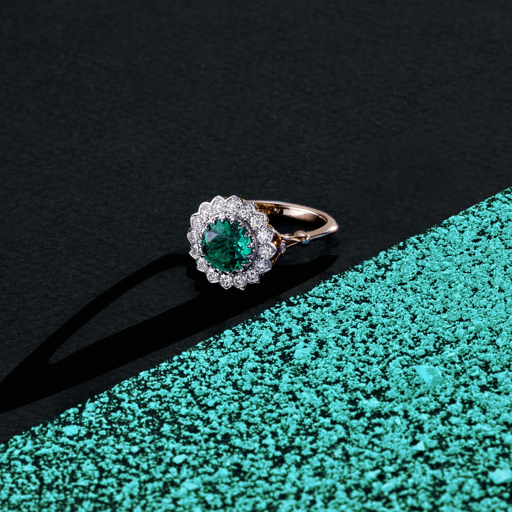 Emerald & Diamond Cluster Flower Ring Handcrafted by Matthew Ely