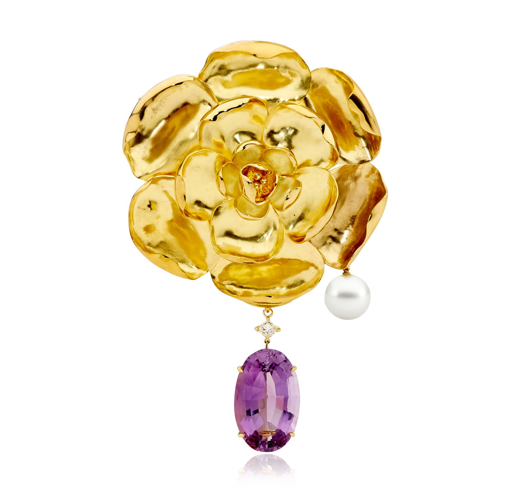 Custom Made 18ct Yellow Gold, Amethyst & South Sea Pearl Flower Brooch by Matthew Ely