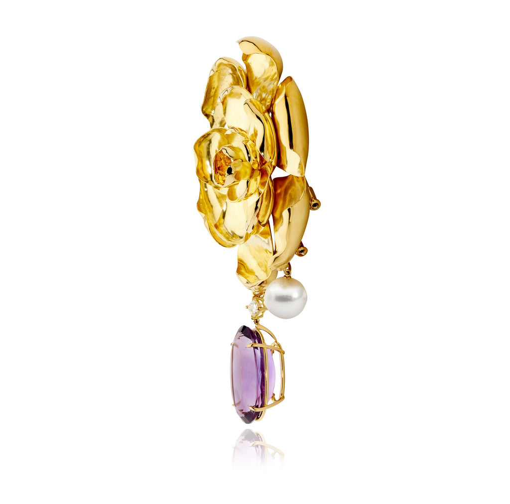 Custom Made 18ct Yellow Gold, Amethyst & South Sea Pearl Flower Brooch by Matthew Ely