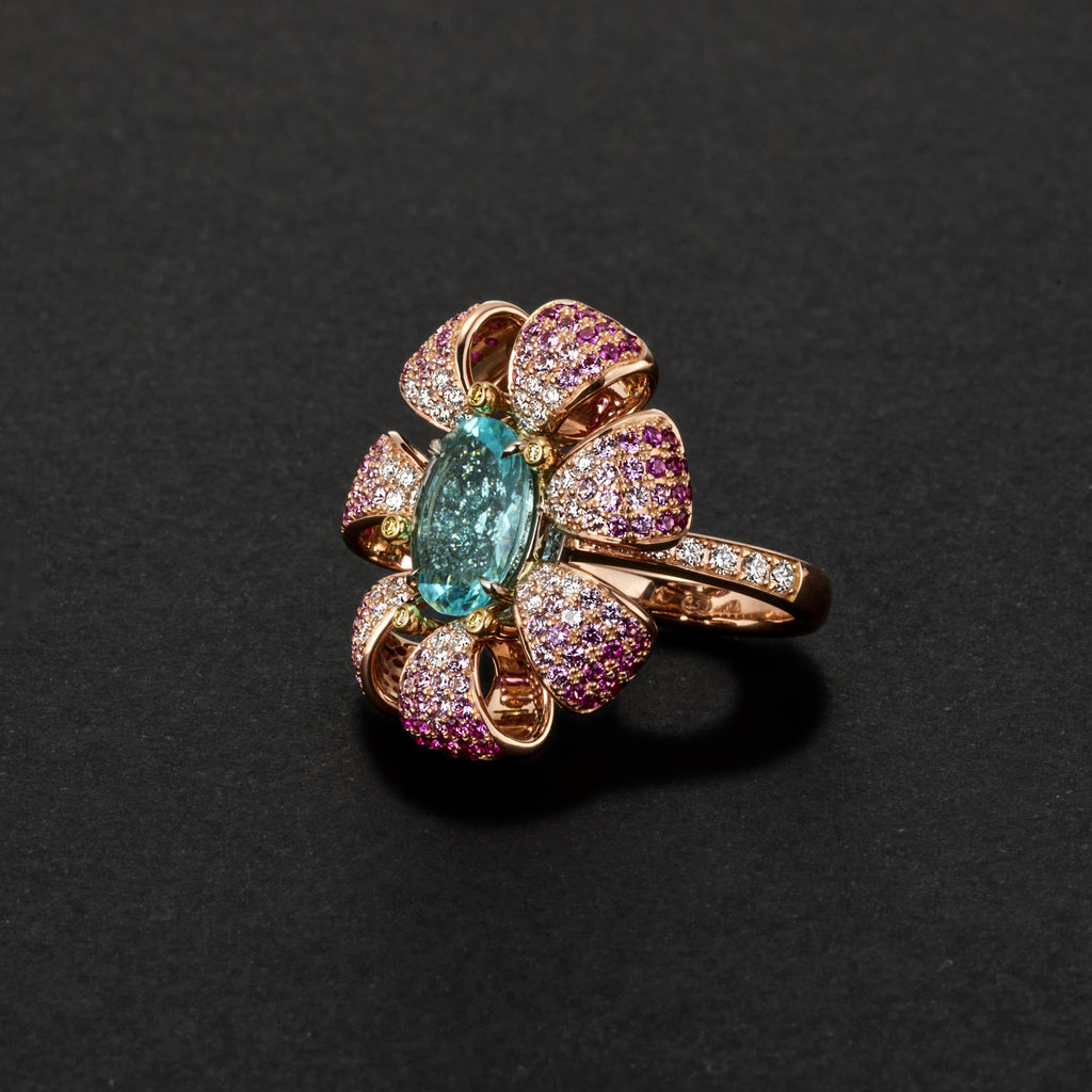 Custom made Paraiba tourmaline flower ring