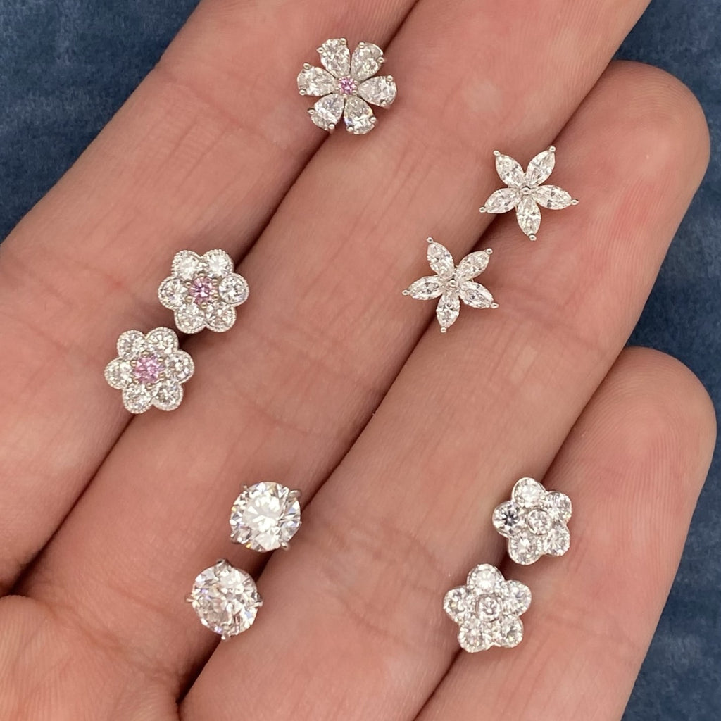 White & Argyle Pink Diamond Flower Stud Earrings by Matthew Ely Jewellery