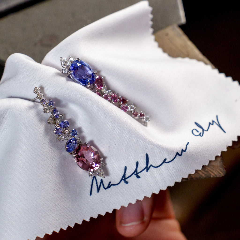 Diamond, Tanzanite & Tourmaline Drop Earrings by Matthew Ely Jewellery 