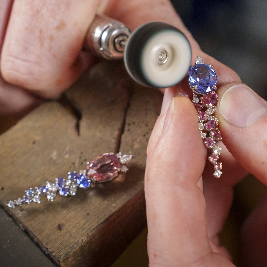 Diamond, Tanzanite & Tourmaline Drop Earrings by Matthew Ely Jewellery 