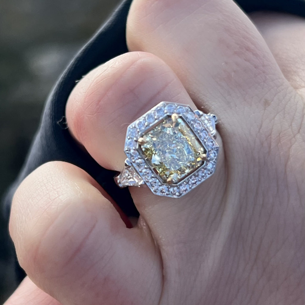 Fancy Yellow & White Diamond Halo Engagement Ring Custom Made by Matthew Ely Jewellery Woollahra