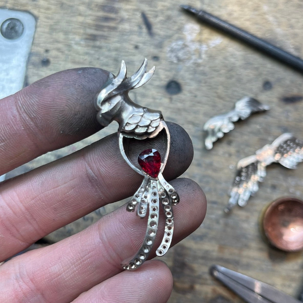 Handcrafting a Ruby & Black Diamond Cockatoo Brooch