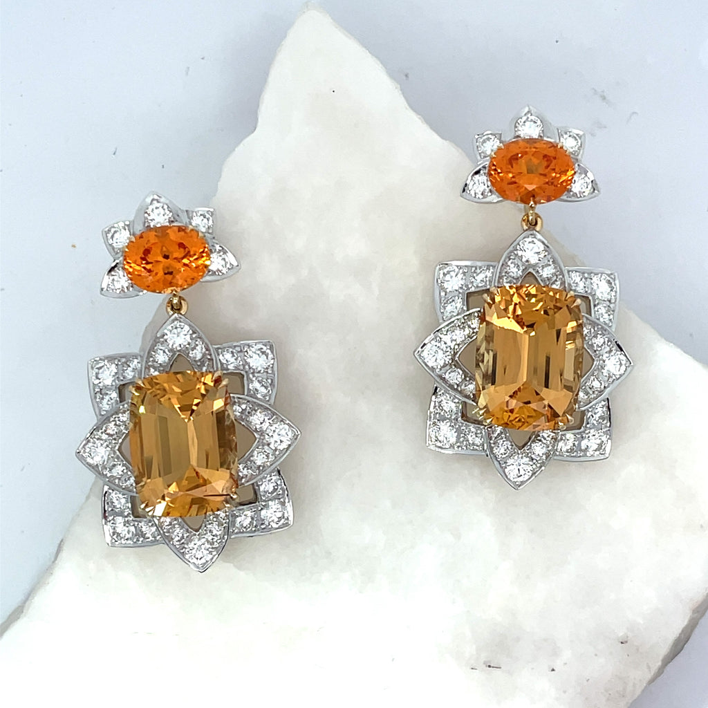 Imperial Topaz, Spessartine Garnet & Diamond Earrings