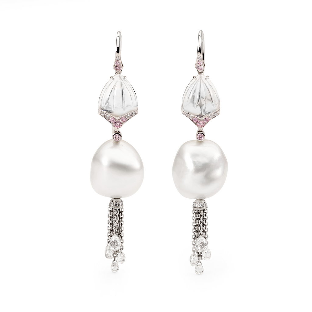 Keshi Pearl, Argyle Pink Diamond, White Diamond & Crystal Quartz Earrings
