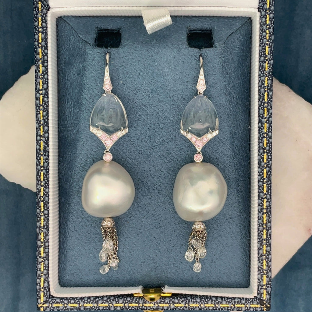 Keshi Pearl, Argyle Pink Diamond, White Diamond & Crystal Quartz Earrings