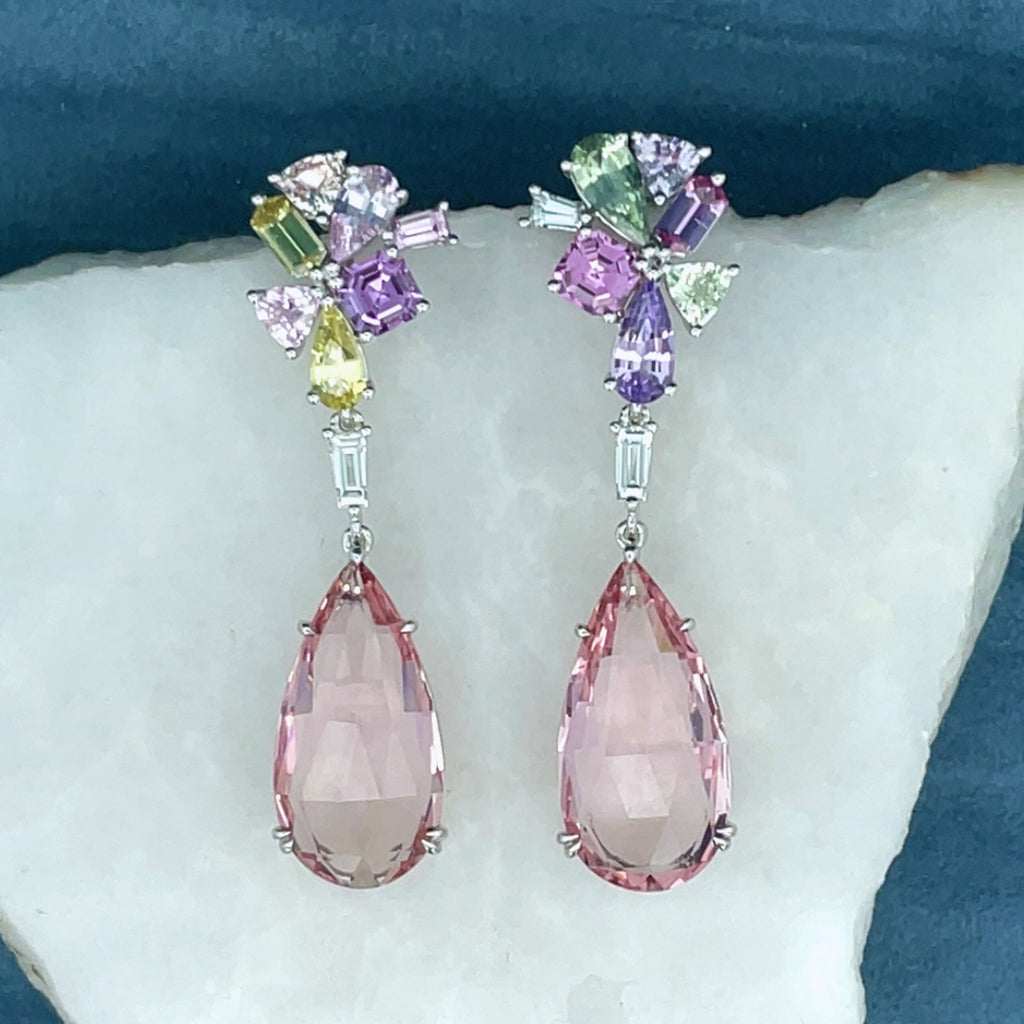 Morganite & Multi-Coloured Sapphire Earrings from Matthew Ely Jewellery