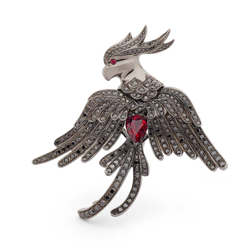 Mozambique Ruby & Black Diamond Cockatoo Brooch