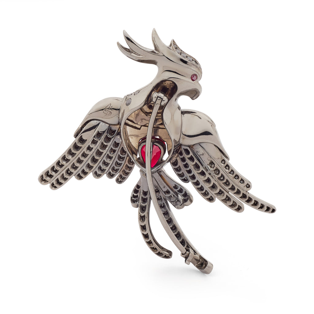 Mozambique Ruby & Black Diamond Cockatoo Brooch