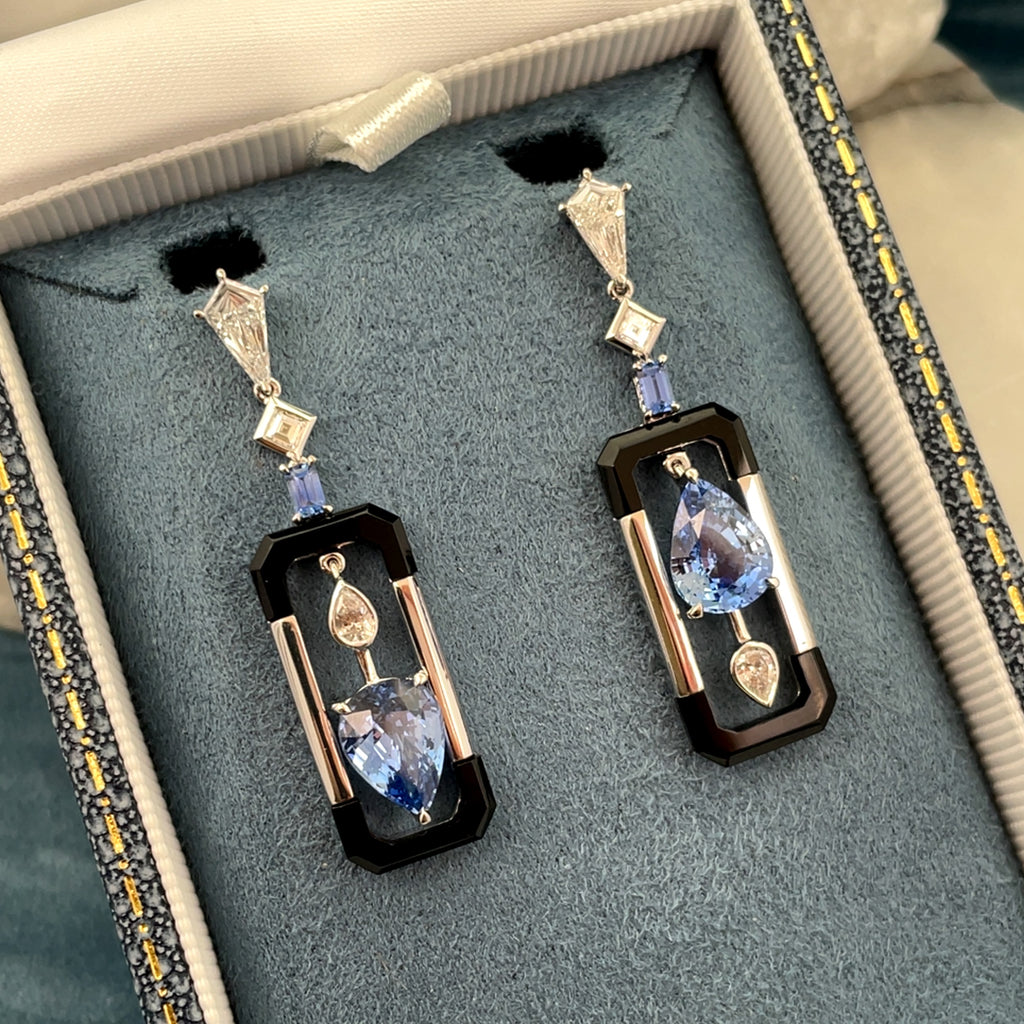 Onyx, Diamond & Sapphire Earrings Custom Jewellery by Matthew Ely