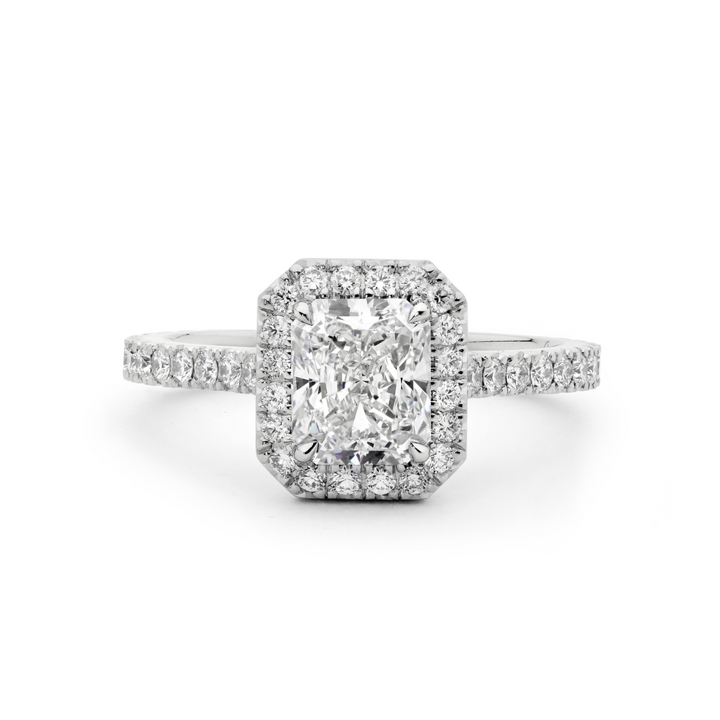 Platinum, Radiant Cut Diamond & Diamond Halo Engagement Ring