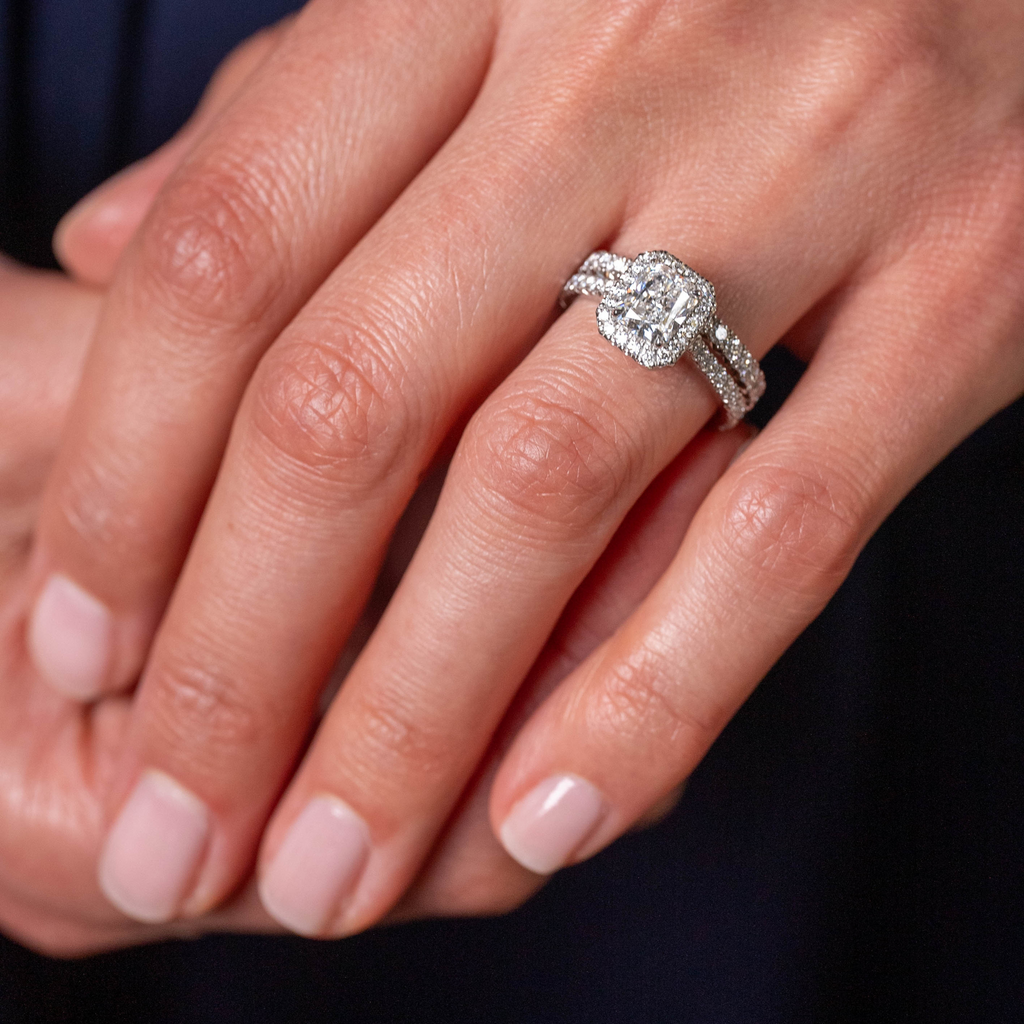 Platinum, Radiant Cut Diamond & Diamond Halo Engagement Ring by Matthew Ely Jewellery