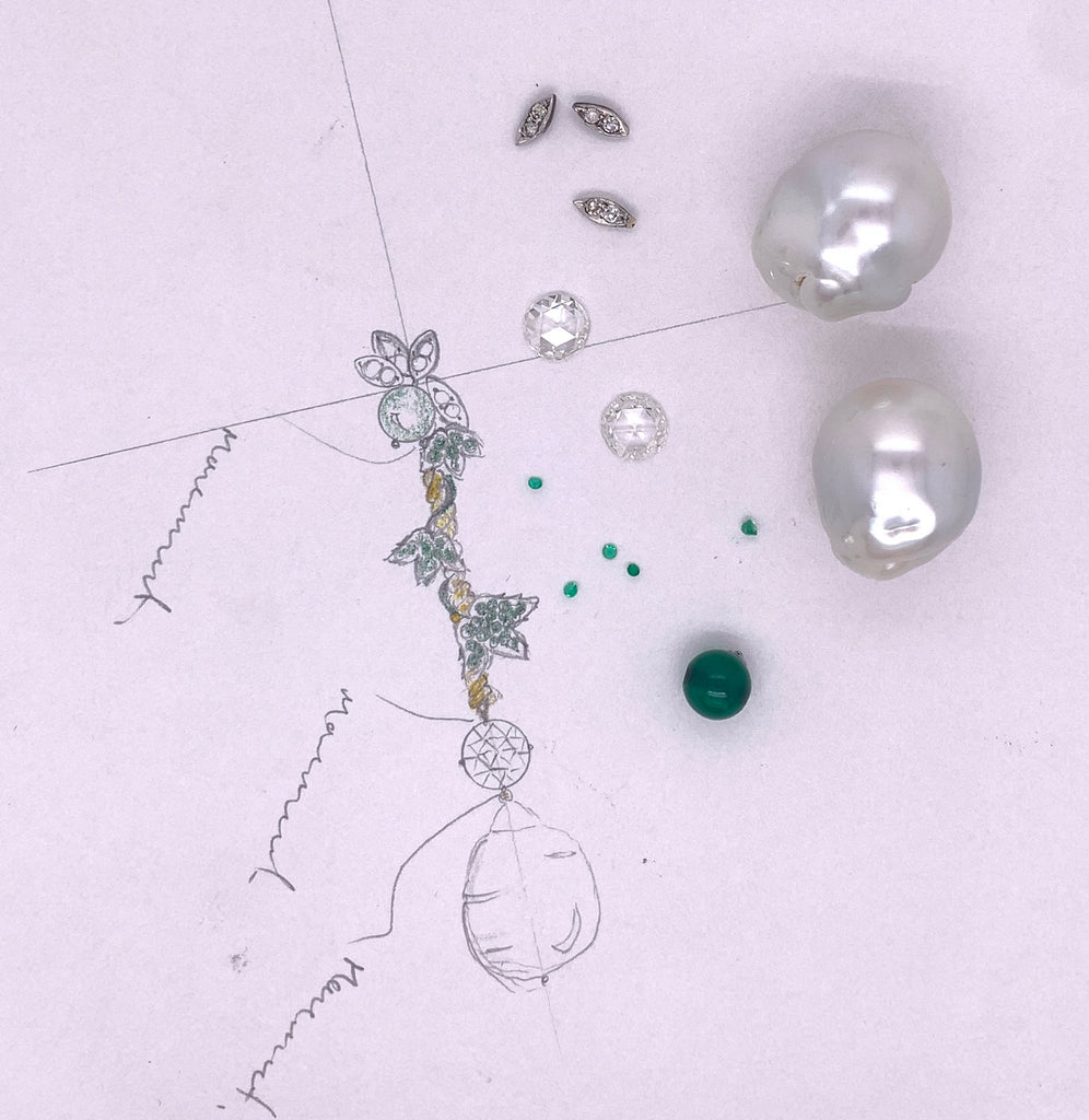 Sketch of 18ct Yellow & White Gold, Boston Ivy Emerald, Pearl & Diamond Earrings