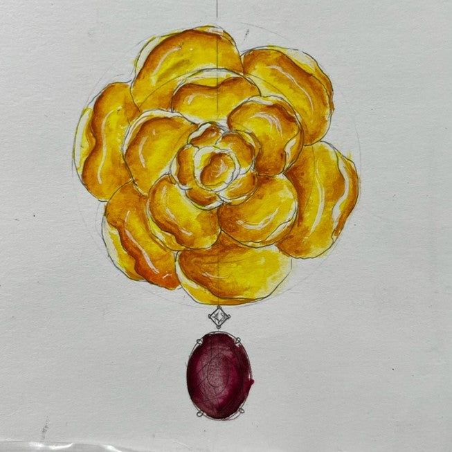Sketch of an 18ct Yellow Gold, Amethyst & South Sea Pearl Flower Brooch