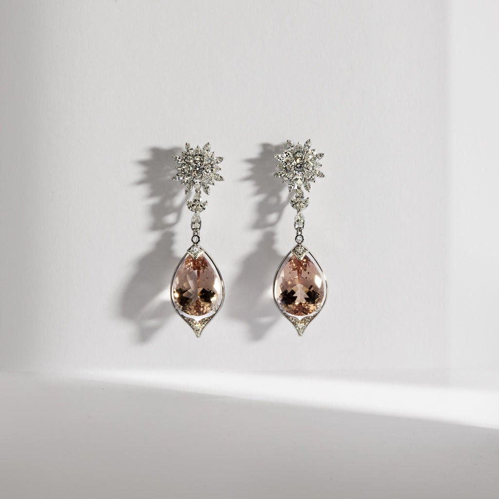 Snowflake Diamond Earrings with Morganite Drops Custom Made by Matthew Ely Jewellery