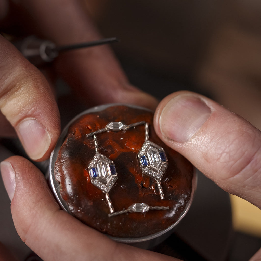 Handcrafting of 18ct White Gold, Pearl, Sapphire & Diamond Drop Earrings by Matthew Ely Jewellery